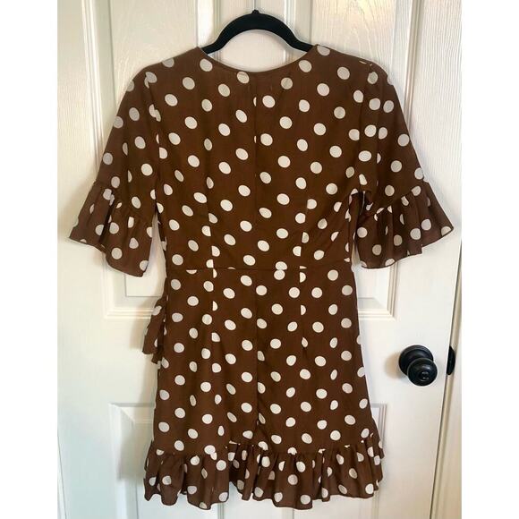 Nasty Gal You Dot This Brown & White Polka Dot Mini Dress Ruffle Detail: Size 4 - Picture 7 of 8